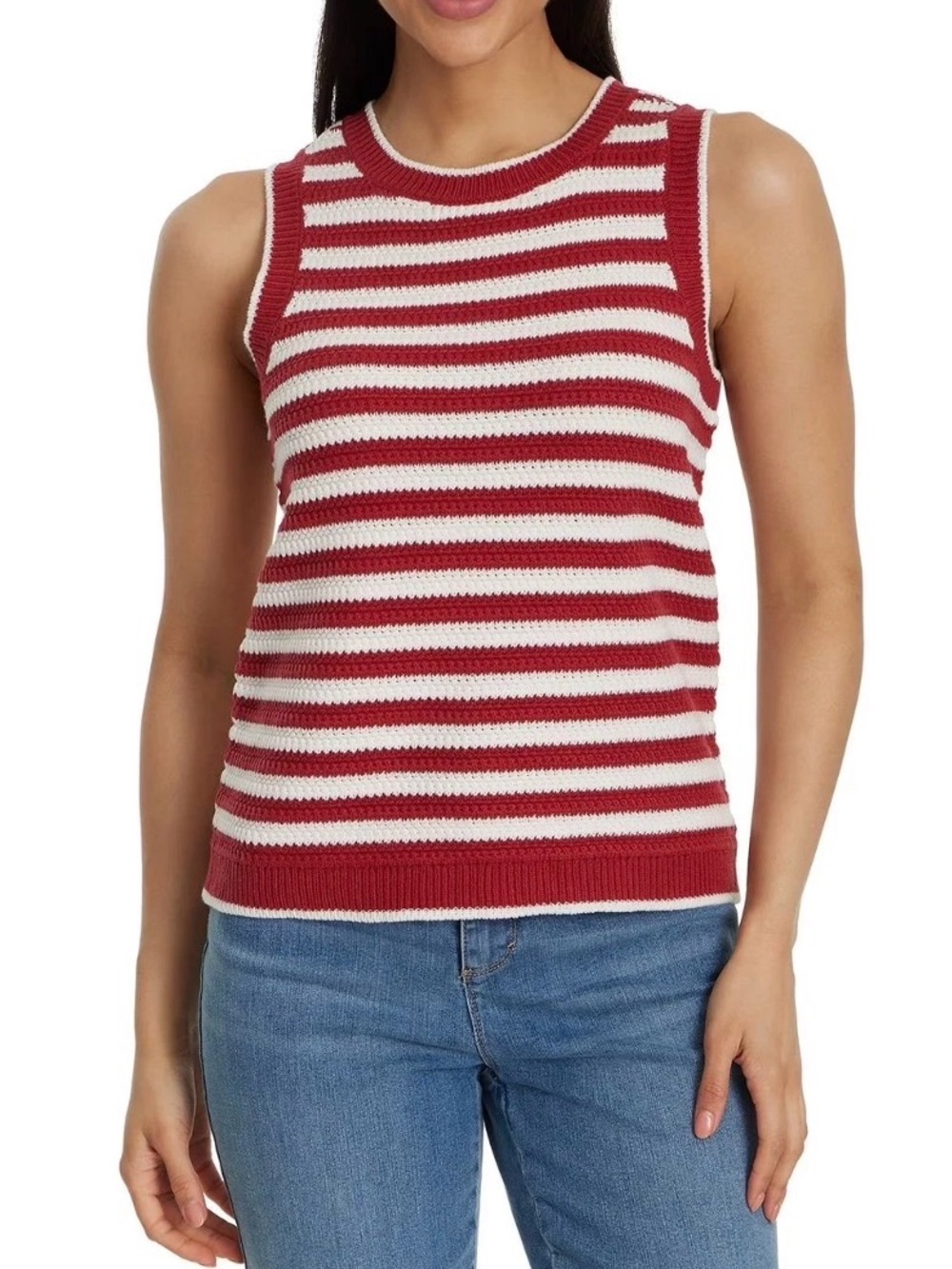 Nine West Red & White Striped Sleeveless Crochet Tank